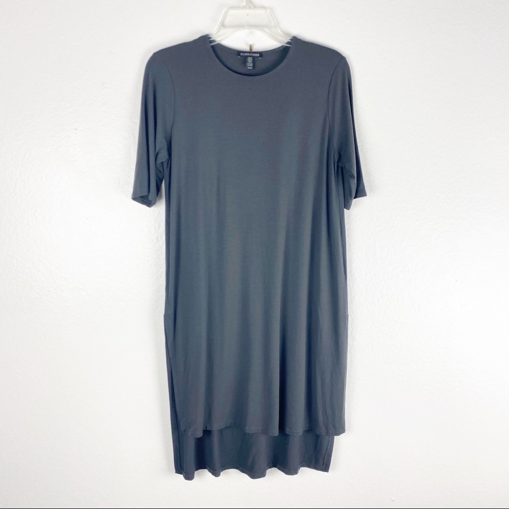 EILEEN FISHER Grey 3/4 Sleeves Side Splits High Low Hem Dress Size XS Lagenlook